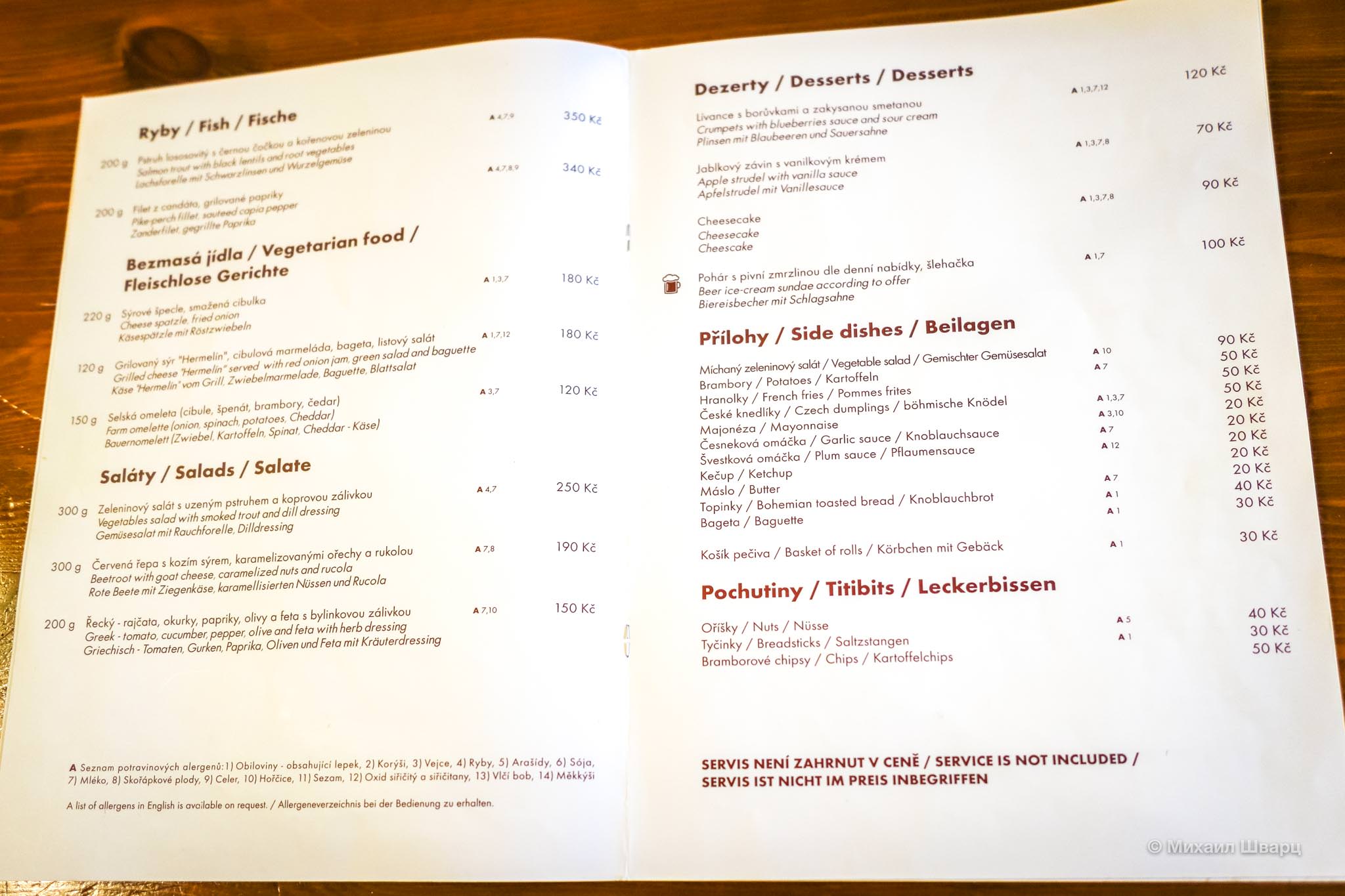 Меню в ресторане Страговского монастыря